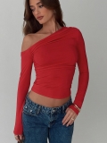 Women Sexy Asymmetrical One Shoulder Crop Top Long Sleeve Ruched Polyester Spandex T-Shirt Streetwear Solid Color Slim Fit Fashion Top