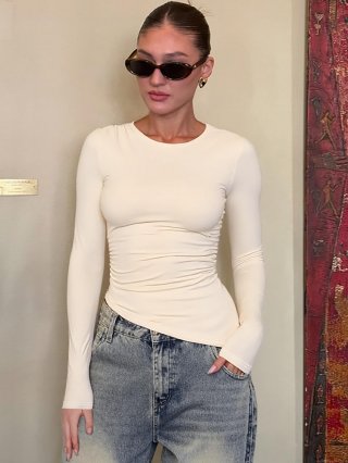 Women's Ruched Long Sleeve T-Shirt With Asymmetric Hem Slim Fit Round Neck 95% Polyester 5% Spandex Solid Color Sexy Streetwear Fashion Top For Women