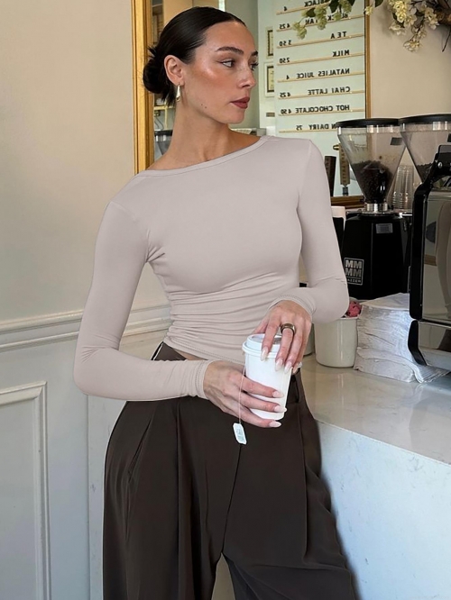 Women Sexy Backless Long Sleeve T-Shirt Slim Fit Solid Color U-Neck Summer Streetwear Top 95% Polyester 5% Spandex Party Clubwear Fashion Tee