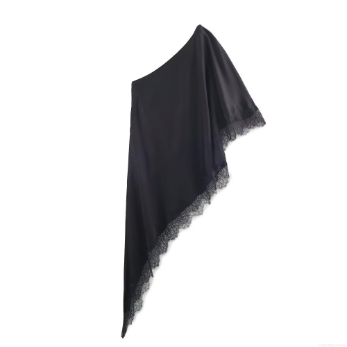 Women's Sexy One Shoulder Asymmetric Satin T-Shirt Fashion Lace Trim Sleeveless Top Elegant Street Style Solid Black Blouse for Party Club Summer