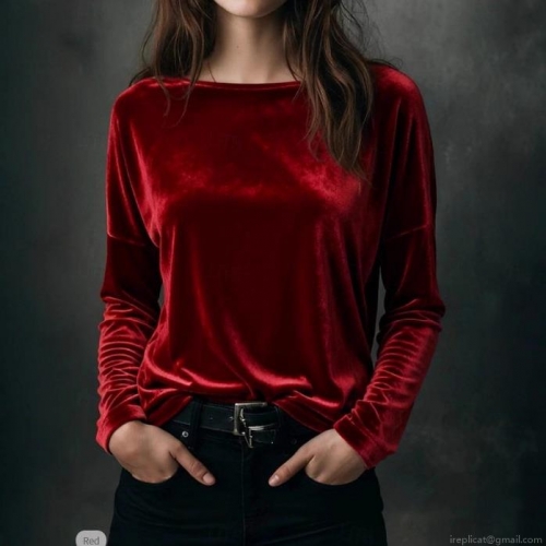 Women's Elegant Velvet Long Sleeve T-Shirt Loose Round Neck Solid Color Top French Style Casual Autumn Winter Soft Polyester Blouse For Ladies Comfortable Wear