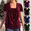 Fashion Women's Sequin Short Sleeve Top Sparkly Glitter Draped V-Neck Layered Blouse For Christmas Holiday Party Casual Tee Shirt