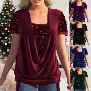 Fashion Women's Sequin Short Sleeve Top Sparkly Glitter Draped V-Neck Layered Blouse For Christmas Holiday Party Casual Tee Shirt