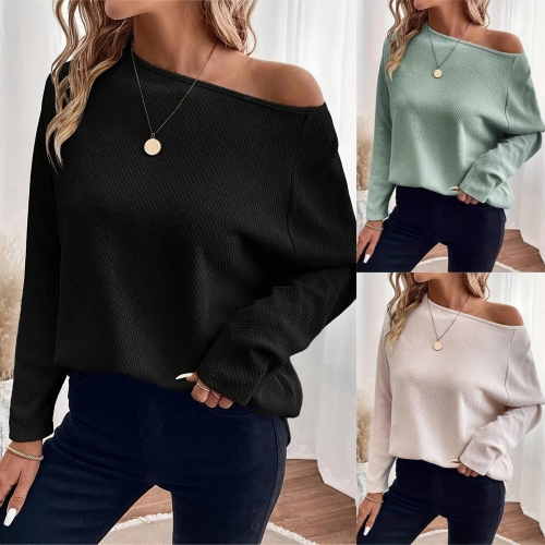 Women's Off Shoulder Waffle Knit Long Sleeve T-Shirt Elegant Pure Color Casual Pullover Top For Spring Autumn Ladies Soft Comfortable Knitwear