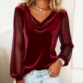 Women's Velvet Mesh Patchwork T-Shirt Cowl V-Neck Polka Dot Sheer Sleeve Top Elegant Casual Autumn Tee For Women