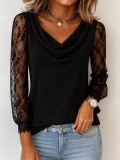 Women's Cowl Neck T-Shirt Lace Patchwork Elegant 3/4 Sleeve Polyester Cotton Top Solid Color Casual Blouse Daily Streetwear Ladies