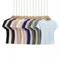 Women's Slim Fit Short Sleeve T-Shirt Solid Color Round Neck Polyester Waist-Cinching Streetwear Casual Summer Autumn Tee Top