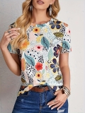 Women's Summer Floral Print T-Shirt Casual Short Sleeve Round Neck Bohemian Polyester Top for Daily Travel Ladies Fashion Comfort