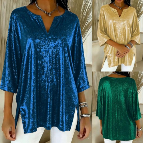 Women Sparkly Sequin V Neck T Shirt Top Glitter Metallic 3/4 Sleeve Loose Fit Side Slit Mid Length Blouse For Party Club Streetwear