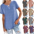 Women's Henley V Neck Short Sleeve T-Shirt Casual Loose Fit Cotton Blend Knit Tee Top With Chest Pocket For Summer Daily Wear