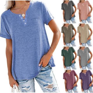 Women's Henley V Neck Short Sleeve T-Shirt Casual Loose Fit Cotton Blend Knit Tee Top With Chest Pocket For Summer Daily Wear