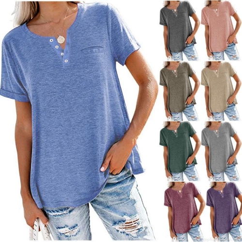 Women's Henley V Neck Short Sleeve T-Shirt Casual Loose Fit Cotton Blend Knit Tee Top With Chest Pocket For Summer Daily Wear