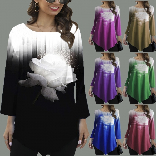 Women's Rose Print Long Sleeve T-Shirt Gradient Round Neck Asymmetric Hem Polyester Cotton Blend Casual Loose Top For Daily Streetwear