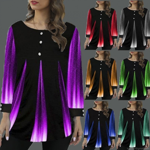 Women's Casual Loose Round Neck T-Shirt Radiant Gradient Striped Print Tunic Top with Decorative Buttons Long and Short Sleeve Cotton Blend Summer Autumn Fashion Streetwear Tee