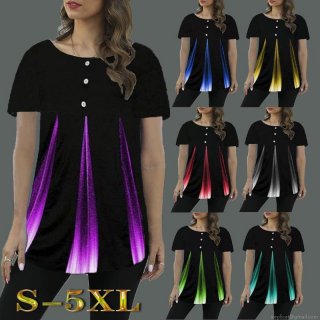 Women's Casual Gradient Print T-Shirt Polyester Spandex Blend Loose Fit Round Neck Streetwear Tee With Button Decoration For Summer Everyday Wear