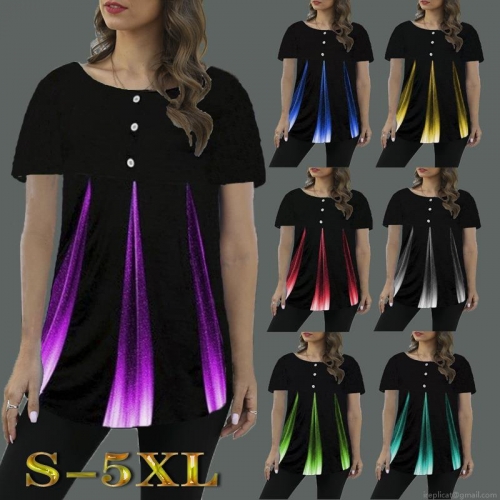 Women's Casual Gradient Print T-Shirt Polyester Spandex Blend Loose Fit Round Neck Streetwear Tee With Button Decoration For Summer Everyday Wear