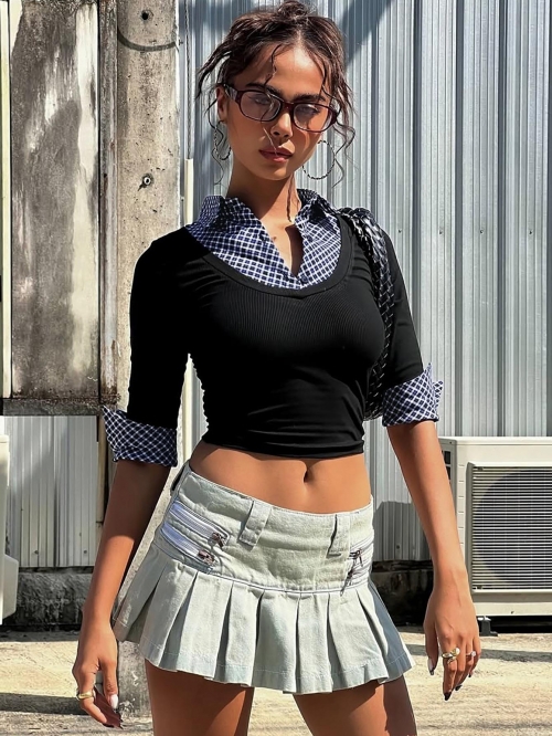 Women's Long Sleeve Polo Collar T-Shirt Slim Fit Ribbed Knit Fake Two-Piece Plaid Patchwork Top For Casual Streetwear Autumn Fashion