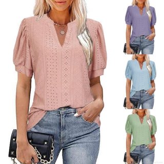 Women's Casual V-Neck Hollow Out Puff Sleeve T-Shirt Solid Color Eyelet Embroidery Summer Loose Top Cotton Polyester Blend Short Sleeve Blouse For Ladies Daily Wear