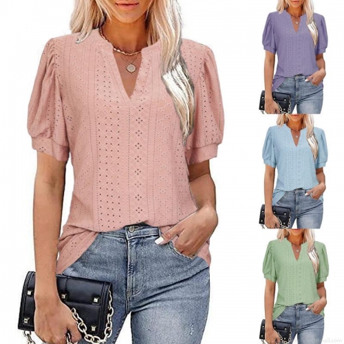 Women's Casual V-Neck Hollow Out Puff Sleeve T-Shirt Solid Color Eyelet Embroidery Summer Loose Top Cotton Polyester Blend Short Sleeve Blouse For Ladies Daily Wear