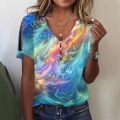 Women's V-Neck T-Shirt Polyester Spandex Blend Cold Shoulder Split Short Sleeve Abstract Print Tie Dye Summer Casual Button Decorated Top Blouse