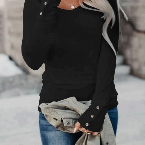 Women's Casual Long Sleeve T-Shirt Solid Color Round Neck Slim Fit Knitted Top with Button Decorative Sleeves Ribbed Knit Soft Base Layer Tee