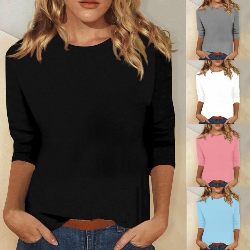 Women's Casual Round Neck 3/4 Sleeve T-Shirt Slim Fit Solid Color Polyester Blend Basic Top for Autumn Daily Wear
