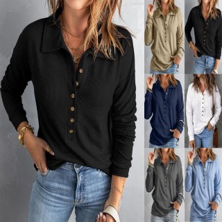 Women's Long Sleeve Waffle Knit Polo Shirt Button Down V Neck Casual Loose Fit Solid Color Pullover Top Soft Ribbed Knitwear For Daily Wear