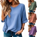 Women's Casual Loose Cotton Blend T-Shirt Textured Round Neck Five Point Sleeve Oversized Top Solid Color Summer Daily Soft Breathable Tee