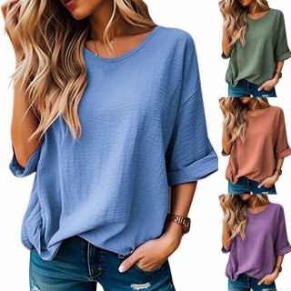 Women's Casual Loose Cotton Blend T-Shirt Textured Round Neck Five Point Sleeve Oversized Top Solid Color Summer Daily Soft Breathable Tee