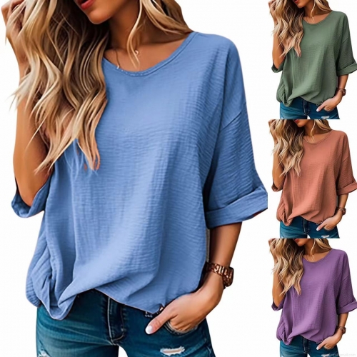 Women's Casual Loose Cotton Blend T-Shirt Textured Round Neck Five Point Sleeve Oversized Top Solid Color Summer Daily Soft Breathable Tee