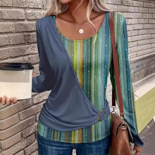 Women's Patchwork Long Sleeve T-Shirt Striped Print Round Neck Casual Top with Metal Ring Decor Autumn Spring Slim Fit Polyester Knitted Blouse for Women