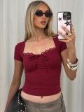 Women's Sexy Slim Fit Short Sleeve T-Shirt Lace Trim Square Neck Bow Tie Front Top Casual Polyester Spandex Blend Aesthetic Y2K Streetwear Tee