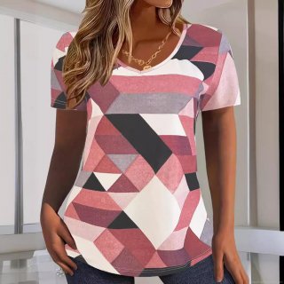 Women's V-Neck Short Sleeve T-Shirt Casual Loose Polyester Spandex Blend Geometric Print Color Block Summer Top For Daily Vacation