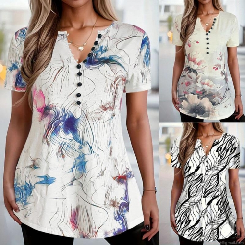 Women's Casual Floral Print T-Shirt V-Neck Button Front Short Sleeve Loose Pullover Polyester Spandex Top Summer Daily Wear