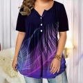 Women's Gradient Feather Print T-Shirt Casual Loose Milk Silk Short Sleeve V-Neck Button Henley Top For Daily Wear Plus Size Women