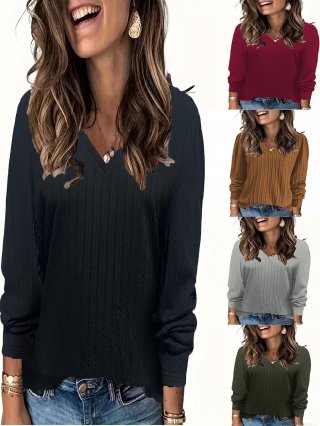 Women's Casual V Neck Long Sleeve T-Shirt Cotton Blend Ribbed Knit Loose Fit Plain Pullover Tops Autumn Winter Ribbed Texture Shirts