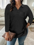 Women's Loose V-Neck Long Sleeve Ribbed T-Shirt Casual Knit Polo Top With Pocket Solid Color Polyester Spandex Blend Autumn Fashion Comfortable Soft Shirt