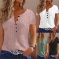 Women's Casual V-Neck Button Down Hollow Out T-Shirt Summer Short Sleeve Jacquard Polyester Top Loose Fit Solid Color Fashion Blouse for Women