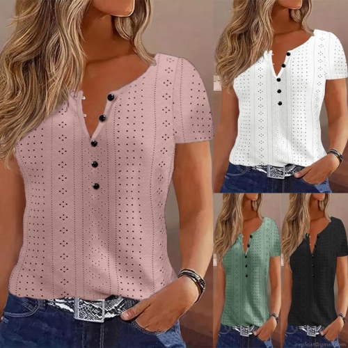 Women's Casual V-Neck Button Down Hollow Out T-Shirt Summer Short Sleeve Jacquard Polyester Top Loose Fit Solid Color Fashion Blouse for Women