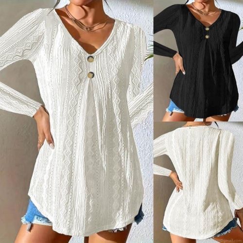 Women's Long Sleeve V-Neck T-Shirt Hollow Out Geometric Jacquard Top Casual Button Decor Polyester Spandex Blouse Soft Breathable Daily Wear Shirt