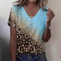 Women's Casual V-Neck T-Shirt Polyester Spandex Blend Gradient Leopard Print Short Sleeve Loose Top With Decorative Buttons For Summer Daily Wear