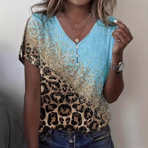 Women's Casual V-Neck T-Shirt Polyester Spandex Blend Gradient Leopard Print Short Sleeve Loose Top With Decorative Buttons For Summer Daily Wear