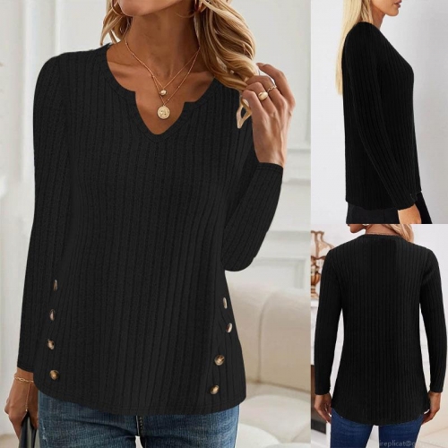 Women's Ribbed Knit Top Casual Long Sleeve V-Neck Pullover Sweater With Side Button Detail Autumn Winter Plain Color Loose Fit Tee For Ladies