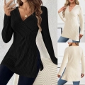 Women's Casual V-Neck Long Sleeve Ribbed Knit Top Solid Color Side Split Pullover T-Shirt For Home Daily Wear