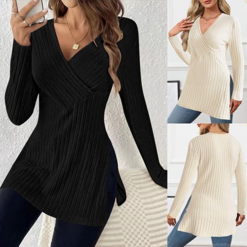 Women's Casual V-Neck Long Sleeve Ribbed Knit Top Solid Color Side Split Pullover T-Shirt For Home Daily Wear