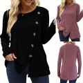 Women's Casual Ribbed Knit Long Sleeve T-Shirt Round Neck Side Slit Top With Decorative Buttons Solid Color Slim Fit Polyester Spandex Pullover For Daily Wear