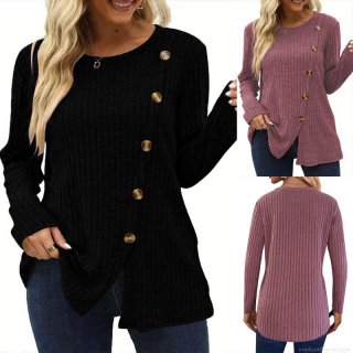 Women's Casual Ribbed Knit Long Sleeve T-Shirt Round Neck Side Slit Top With Decorative Buttons Solid Color Slim Fit Polyester Spandex Pullover For Daily Wear