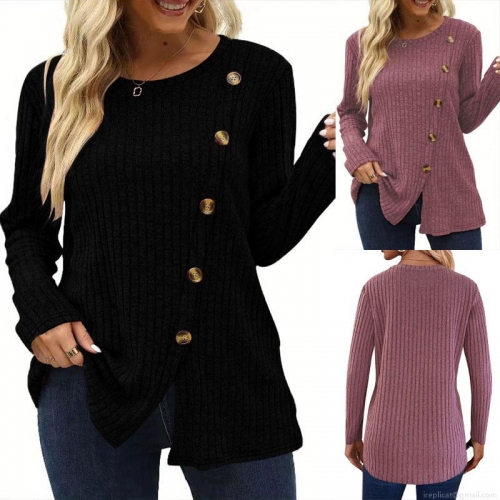 Women's Casual Ribbed Knit Long Sleeve T-Shirt Round Neck Side Slit Top With Decorative Buttons Solid Color Slim Fit Polyester Spandex Pullover For Daily Wear