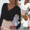 Women's V Neck Long Sleeve T-Shirt Polyester Spandex Solid Casual Top With Chest Pockets And D-Ring Details Fall Spring Fashion Pullover Slim Fit Tee