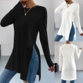 Plus Size Women's Ribbed Knit Long Sleeve T-Shirt Side Split Solid Color Casual Round Neck Top Autumn Winter Fashion Comfortable Clothing